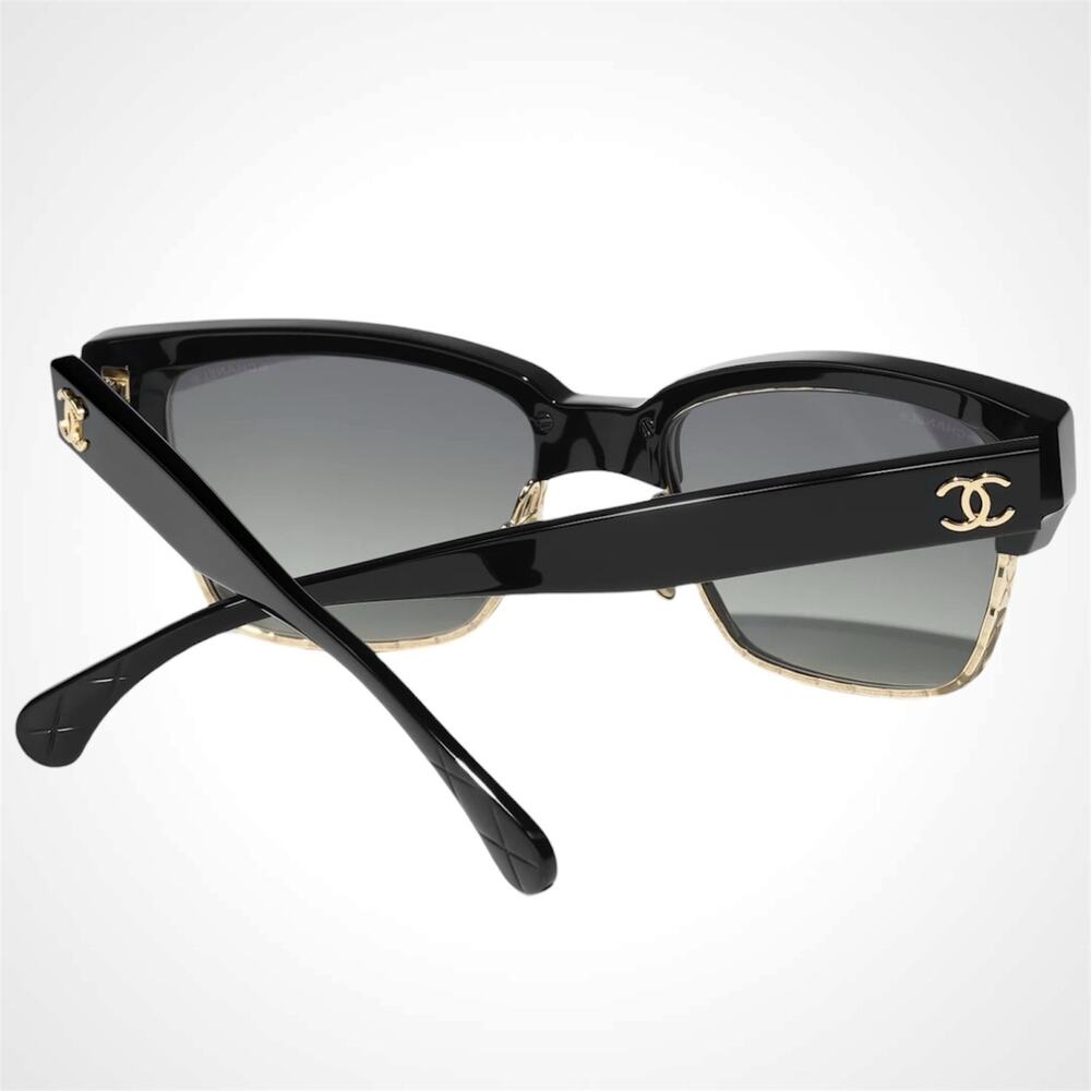 New CHANEL Sunglasses Black Gold Cat Eye Square Metal Acetate Quilted Womens - Picture 4 of 5